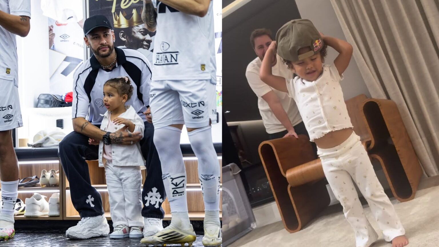 Neymar Jr. aparece ao lado de uma criança em um vestiário de futebol; na outra imagem, a menina surge em casa usando roupas claras e um boné, brincando enquanto imita gestos.