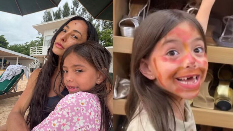 Sabrina Sato aparece abraçada com a filha, Zoe Sato Rahal, em momento ao ar livre; ao lado, a menina surge sorrindo com maquiagem colorida no rosto diante de uma prateleira de sapatos.