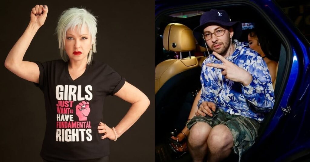 Montagem com Cyndi Lauper usando camiseta de campanha pelos direitos das mulheres e Declyn Lauper sentado dentro de carro fazendo gesto com a mão
