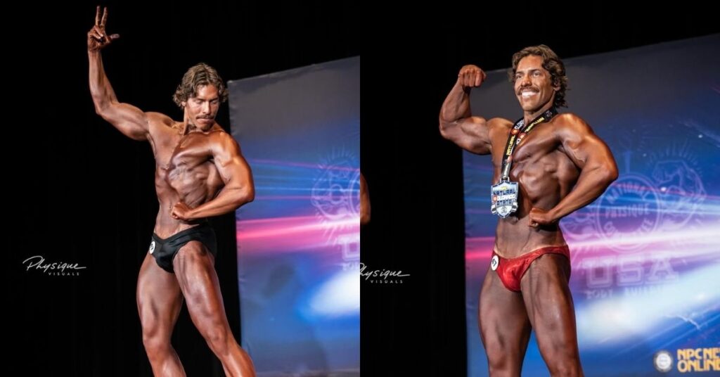 Joseph Baena posa em competição de fisiculturismo exibindo músculos definidos no palco durante sua estreia