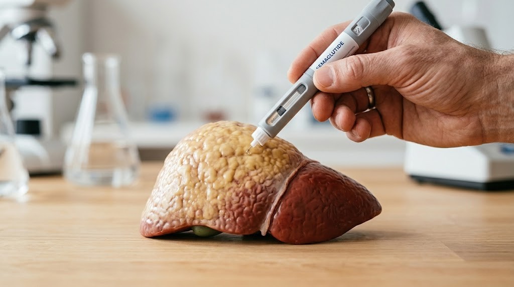 Modelo ilustrativo de fígado com gordura sendo apontado por caneta médica.