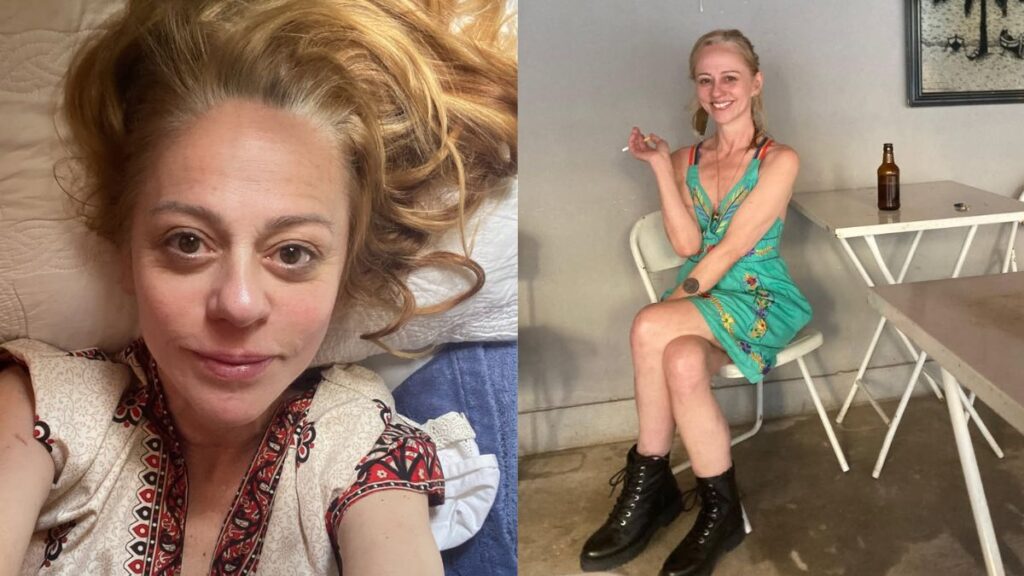 Guta Stresser aparece em dois momentos: em um close deitada, com expressão natural e sem maquiagem, e em outra imagem sentada, usando vestido verde e botas, sorrindo em um ambiente simples.