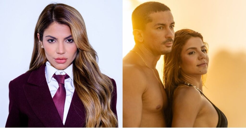 Montagem com Hariany Almeida em retrato e ao lado foto dela com Renan Machado em momento de casal ao ar livre