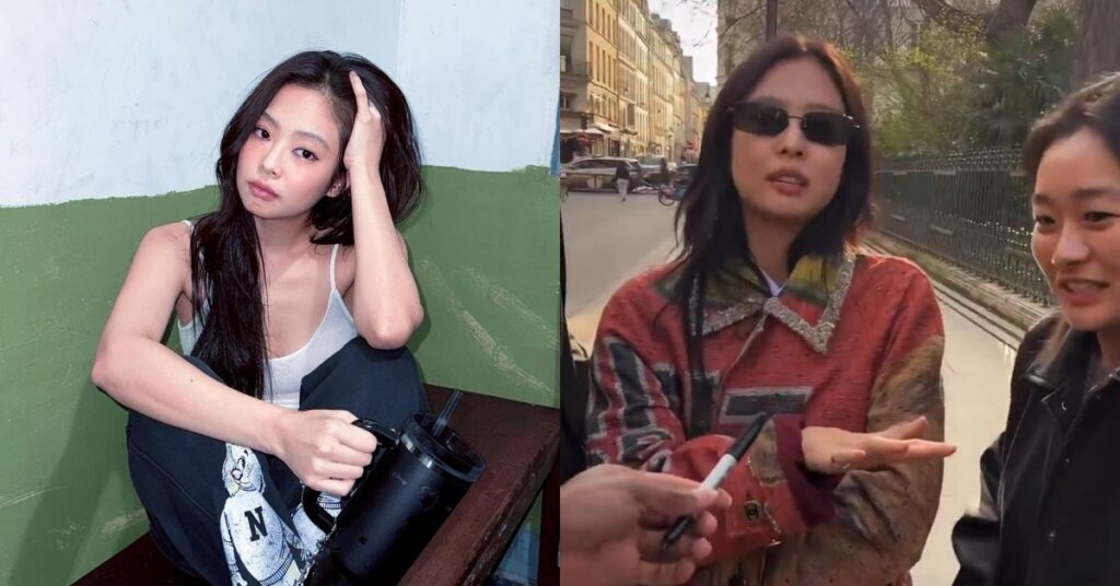 Jennie do BLACKPINK durante passeio em Paris enquanto reage a pessoas pedindo autógrafos na rua