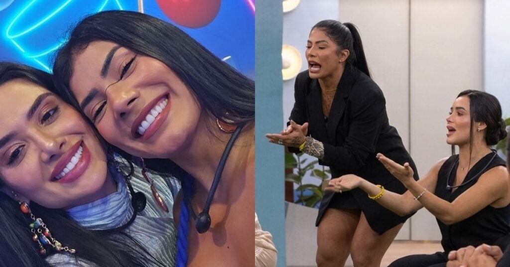 Jordana e Marciele em momentos no BBB 26, sorrindo juntas e discutindo estratégia durante conversa na casa
