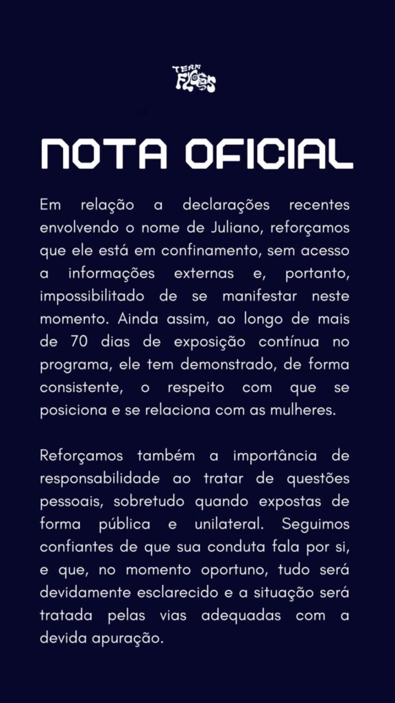 Nota oficial publicada pela equipe de Juliano Floss sobre polêmica com Vivi Wanderley durante o BBB 26