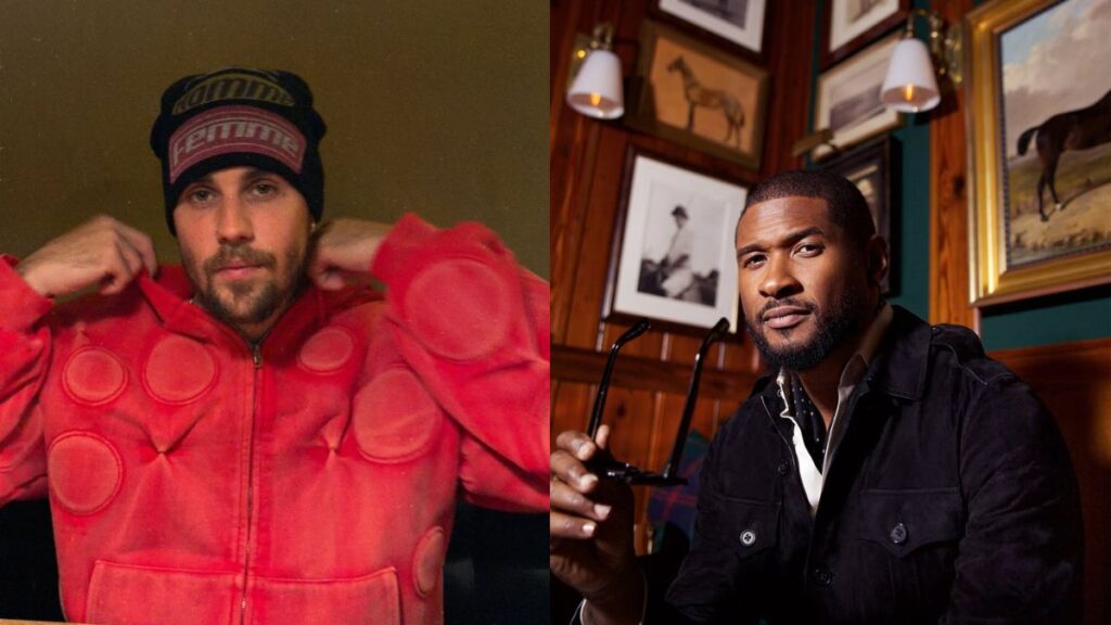 Justin Bieber aparece usando gorro e moletom vermelho em vídeo; ao lado, Usher surge posando em ambiente elegante, segurando um par de óculos