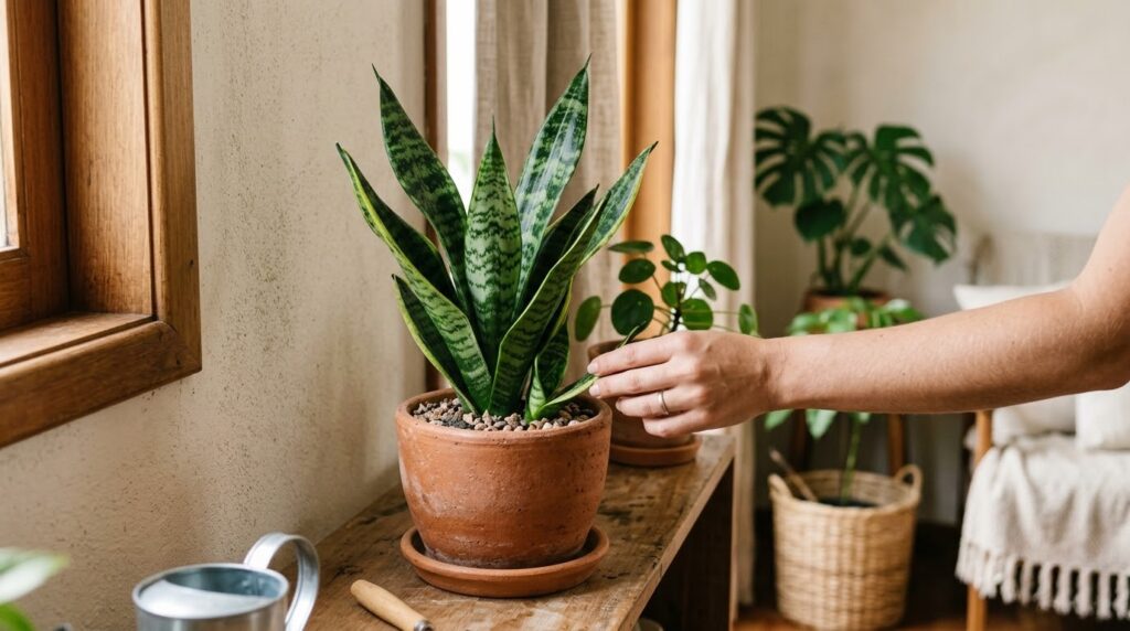 Lança-de-são-jorge: descubra como cuidar da planta sem complicação Lança-de-são-jorge em vaso sendo cuidada próximo à janela com luz natural.
