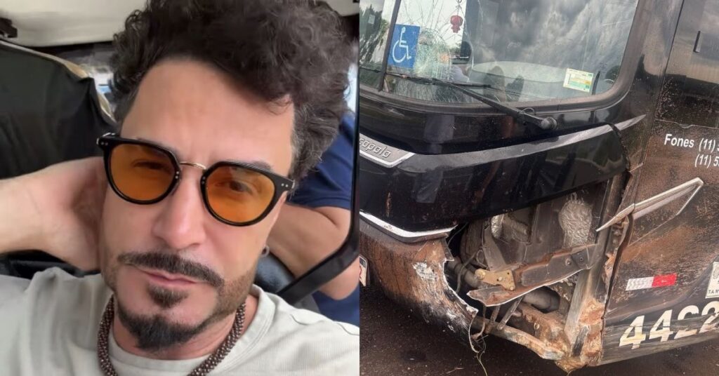 Latino relata susto após acidente com ônibus de turnê em rodovia de SP; veja Cantor Latino aparece dentro do ônibus após acidente em rodovia de São Paulo; ao lado, frente do veículo da equipe com danos na carroceria