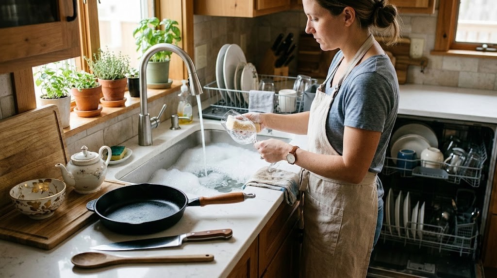 Lava-louças aberta em cozinha moderna com pratos e copos organizados.