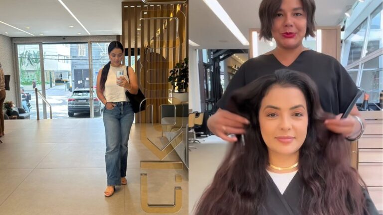 Em meio a período difícil, Li Martins aparece sorridente e muda o visual; confira Li Martins aparece em duas imagens: à esquerda, faz uma selfie no espelho usando blusa clara e jeans em um espaço interno; à direita, está sentada em um salão de beleza enquanto uma cabeleireira arruma seu cabelo longo e escuro