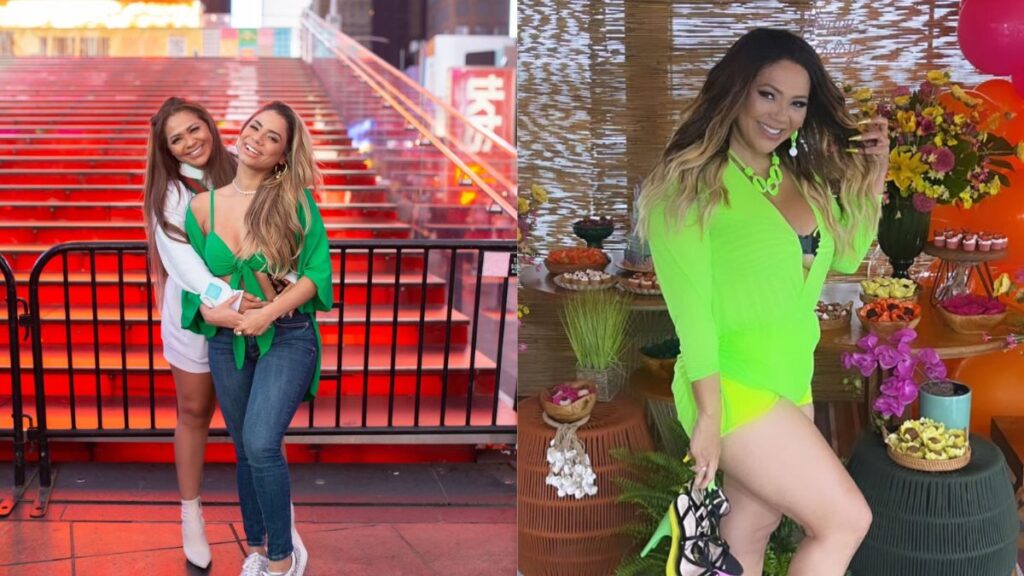 Mãe de Lexa se desculpa por vídeo na piscina; entenda Darlin Ferrattry aparece em duas fotos: à esquerda, abraçada com Lexa diante de uma escadaria iluminada de vermelho; à direita, posa sozinha usando look verde neon em frente a uma mesa decorada com flores e doces.