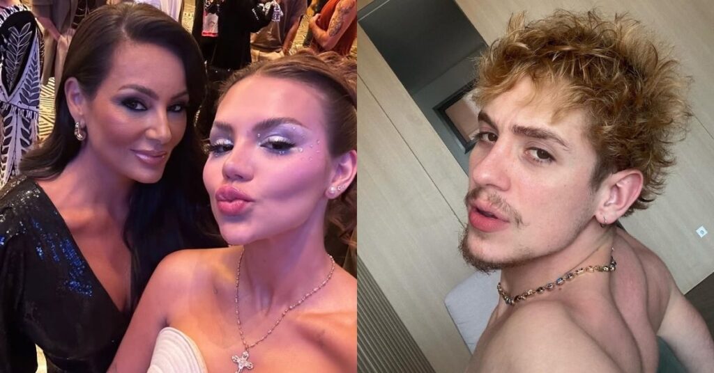 Vivi Wanderley posa ao lado da mãe Daniele Aguiar em evento, enquanto Juliano Floss aparece em selfie separada