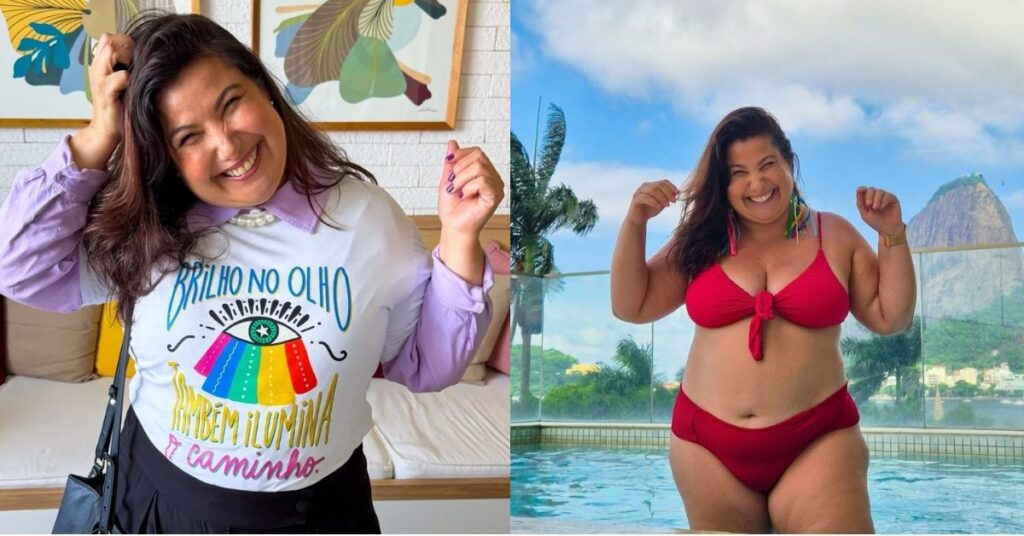 Montagem com Mariana Xavier em duas fotos: à esquerda sorrindo com camiseta estampada em ambiente interno, e à direita de biquíni vermelho em piscina ao ar livre