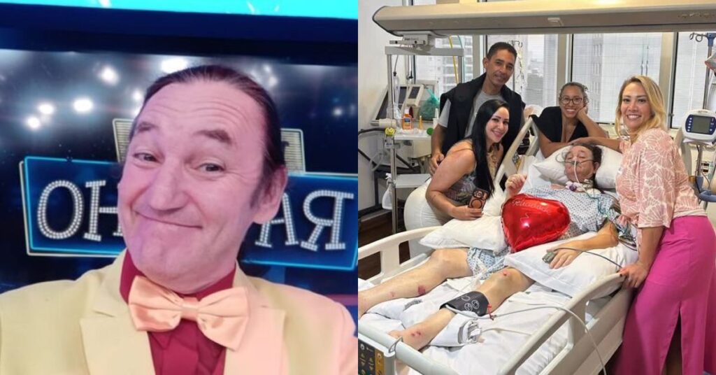 Marquito, homem de gravata borboleta sorrindo em estúdio e paciente hospitalizado cercado por familiares ao lado da cama