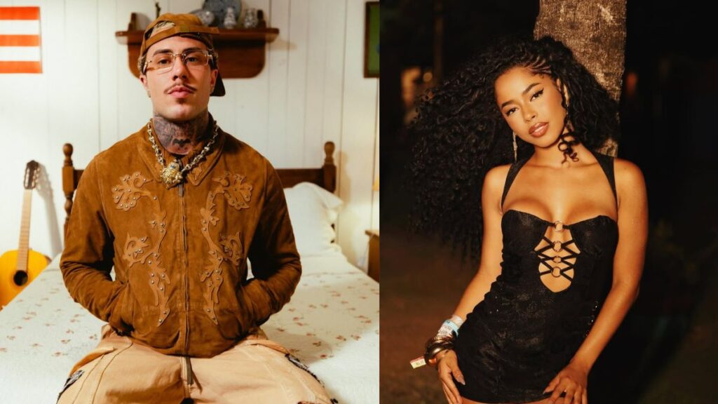 MC Daniel afirma ter perdido trabalhos após polêmica com Lorena Maria: ‘fico triste’ MC Daniel aparece sentado em um quarto usando boné e jaqueta marrom; ao lado, Lorena Maria posa com vestido preto em foto noturna.