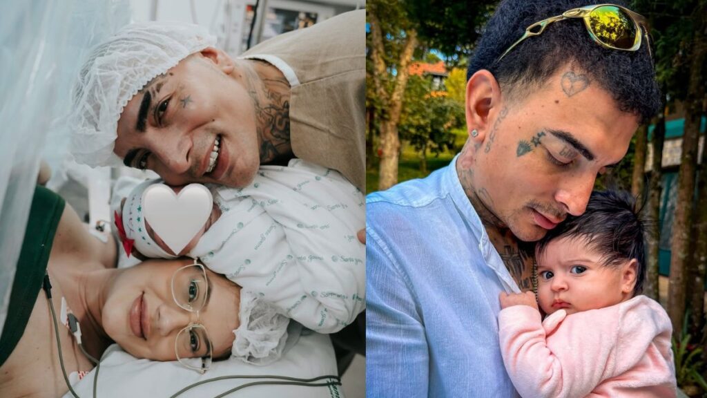 MC Guimê aparece em dois momentos com a filha recém-nascida: em uma imagem, ao lado da parceira no hospital logo após o parto; na outra, segurando a bebê no colo em um ambiente ao ar livre, em clima de carinho e proteção.