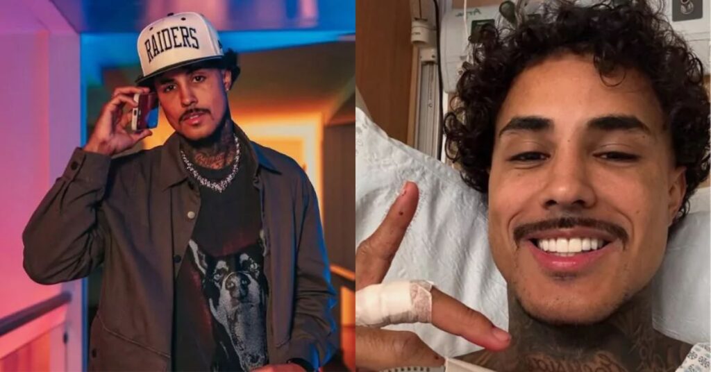 MC Livinho com boné e correntes em estúdio iluminado e homem sorrindo em cama de hospital fazendo gesto com a mão