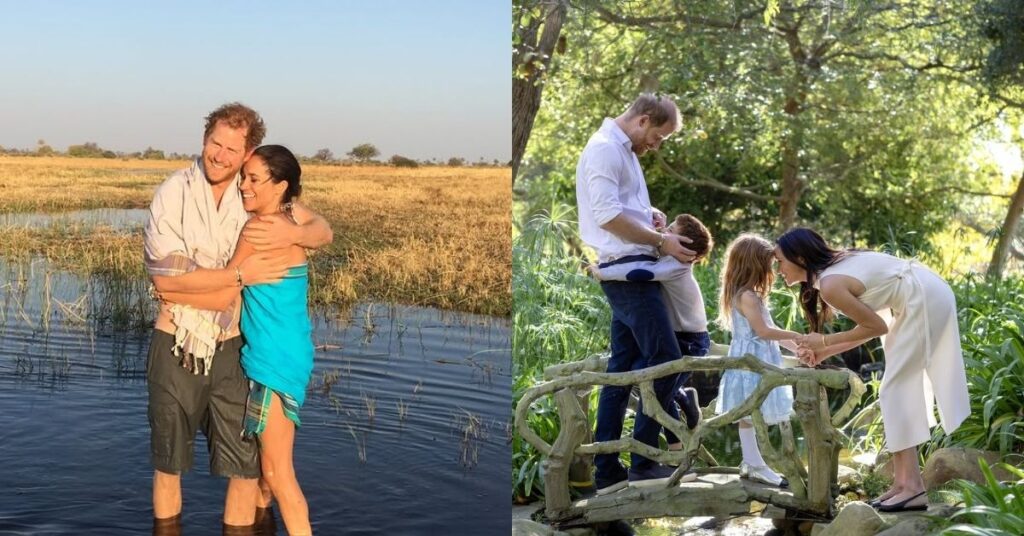 Meghan Markle e Príncipe Harry aparecem abraçados em viagem e ao lado dos filhos em jardim em Montecito