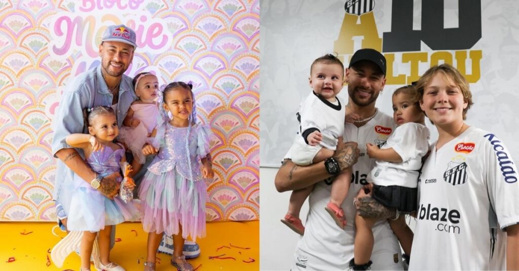 Neymar Jr posa sorrindo com os filhos Mavie, Mel, Helena e Davi Lucca em dois registros de momentos em família, incluindo festa infantil temática e encontro com o jogador usando uniforme do Santos