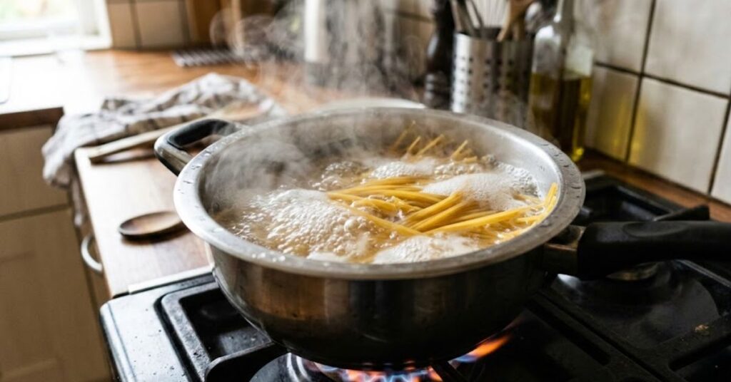 Panela de macarrão em água fervente.