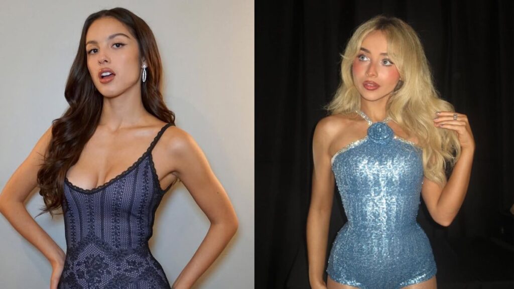 Olivia Rodrigo aparece posando com vestido escuro em foto de divulgação; ao lado, Sabrina Carpenter surge usando figurino brilhante azul em registro de bastidores