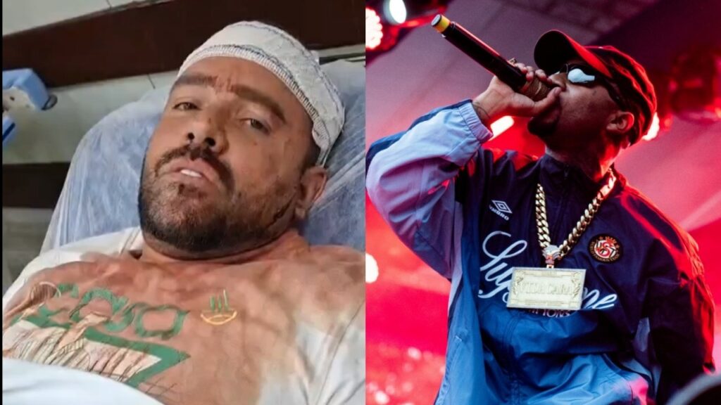 Orochi em montagem com homem hospitalizado e rapper durante show no palco.
