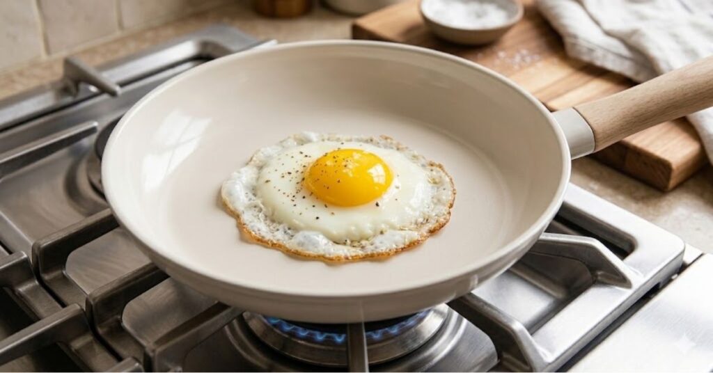Imagem de ovo frito em frigideira branca.