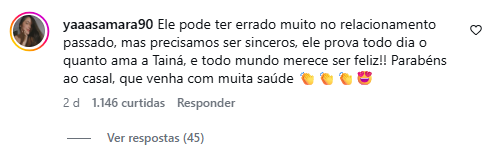 Comentário de seguidora elogia Éder Militão e celebra gravidez de Tainá Militão nas redes sociais