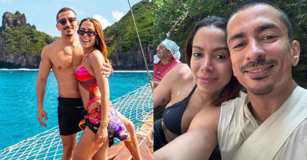 Renan Machado e Anitta, irmãos sorridente em passeio de barco, com mar azul e paisagem tropical ao fundo, em clima de viagem e lazer.