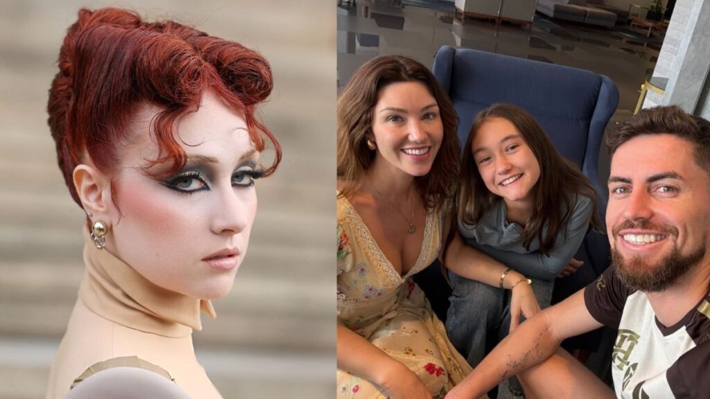 Chappell Roan aparece em retrato com cabelo ruivo e maquiagem marcante; ao lado, Jorginho posa sorrindo com a companheira e a filha em foto familiar tirada em ambiente interno; famosos se envolveram em intrigas com segurança