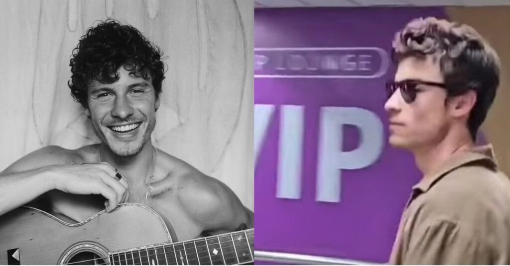 Shawn Mendes com violão sorrindo em ensaio e, ao lado, cantor de óculos durante chegada discreta ao aeroporto do Galeão no Rio