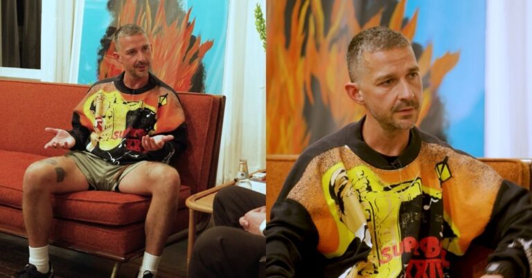 Shia LaBeouf grita com mulher em café na Itália; vídeo repercute Shia LaBeouf sentado em poltrona durante entrevista ao Channel 5, gesticulando enquanto fala em ambiente interno