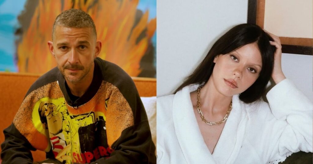 Shia LaBeouf durante entrevista ao Channel 5 ao lado de foto de Mia Goth usada na montagem da matéria