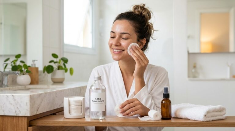 Soro fisiológico na pele: descubra 5 formas simples de usar no dia a dia Mulher aplica soro fisiológico no rosto com algodão durante rotina de cuidados com a pele.