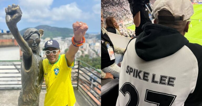 Spike Lee surpreende no jogo do Corinthians: conheça o diretor premiado Montagem com duas imagens de Spike Lee no Brasil; na primeira, o cineasta aparece ao lado de uma estátua no Rio de Janeiro usando camisa da seleção brasileira e levantando o punho; na segunda, ele surge de costas na Neo Química Arena com camisa do Corinthians com o nome Spike Lee estampado