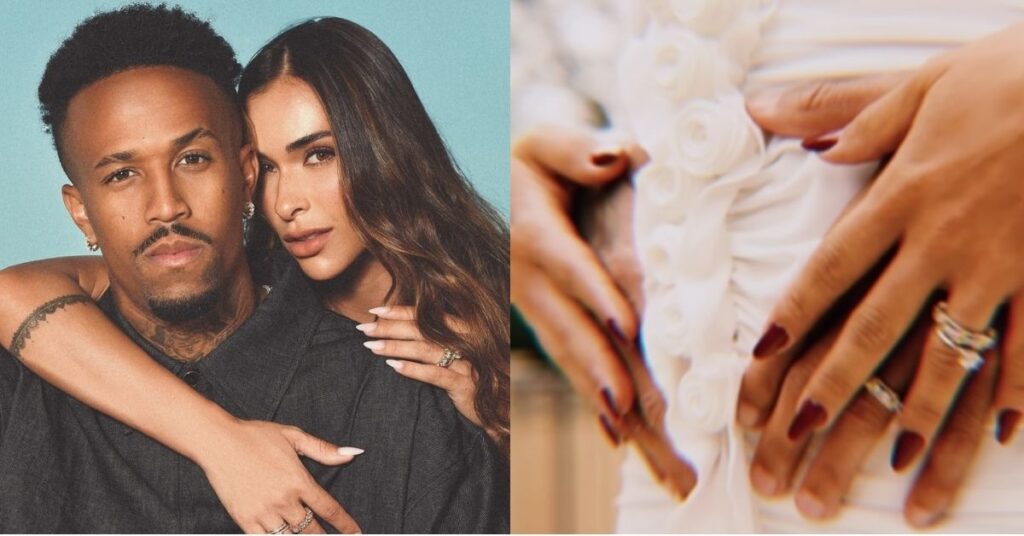 Tainá Militão e Éder Militão juntos em foto e detalhe de mãos sobre barriga sugerindo anúncio de gravidez