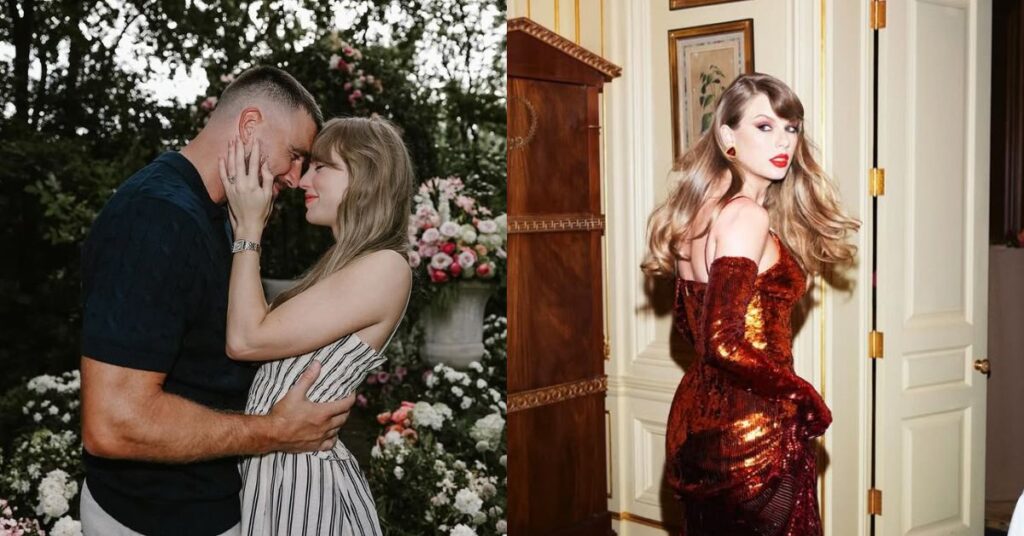 Taylor Swift e Trvais Kelce abraçados em jardim florido ao entardecer e mulher de vestido vermelho brilhante posando em ambiente interno elegante.