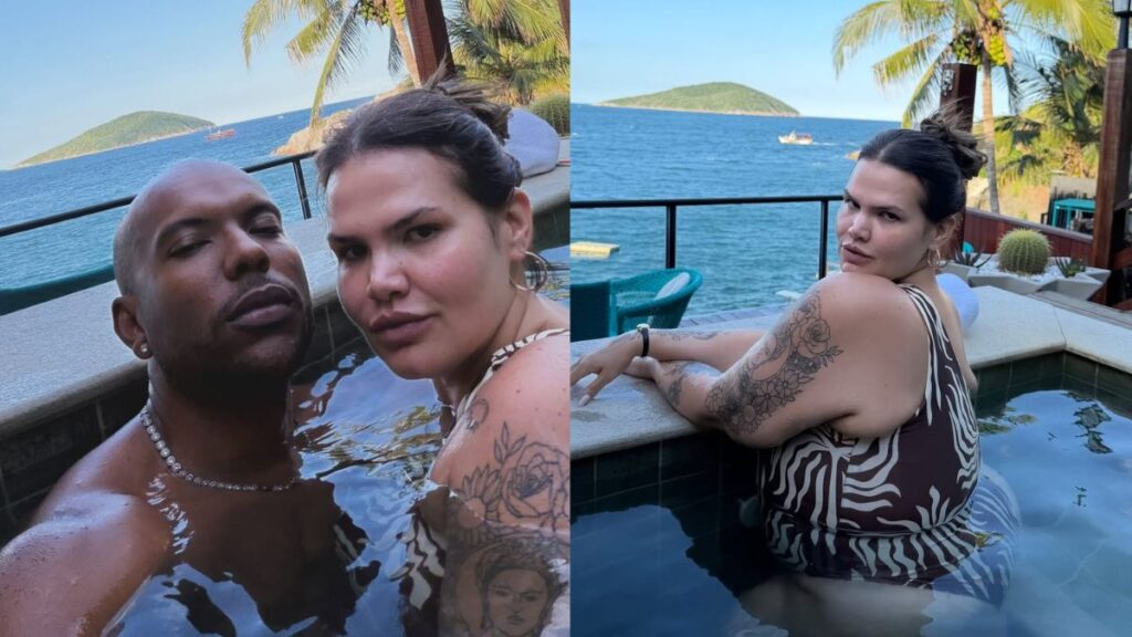 Thais Carla aparece de maiô em piscina à beira-mar durante viagem romântica com o marido Israel Reis em Arraial do Cabo, exibindo a silhueta após perder mais de 85 kg.