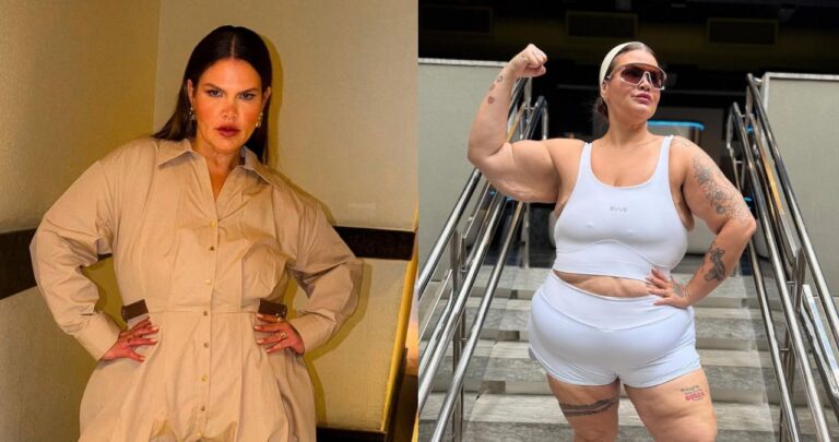 Thais Carla vence processo por gordofobia contra deputado federal; saiba mais Thais Carla, mulher de vestido bege, posa com mãos na cintura ao lado de mulher de roupa fitness branca exibindo braço musculoso em escada