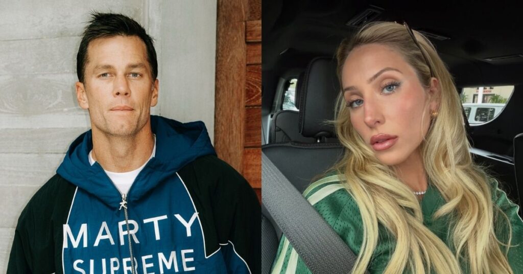 Montagem mostra Tom Brady em retrato e a influenciadora Alix Earle em selfie dentro de um carro, após rumores de aproximação entre os dois