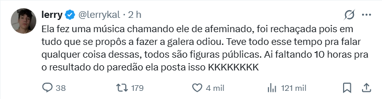 Comentário do usuário Jerry no X criticando o momento da publicação de Vivi Wanderley próximo ao resultado do paredão do BBB 26