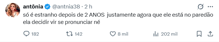 Comentário de usuária Antonia no X questionando momento do desabafo de Vivi Wanderley sobre Juliano Floss durante o BBB 26
