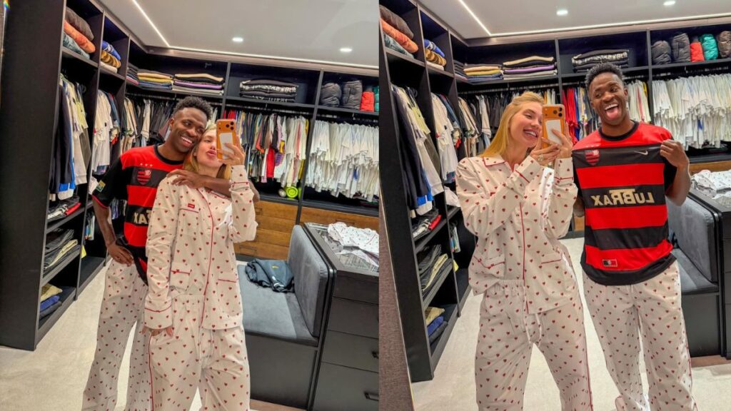Vini Jr. impõe condição para usar pijama combinando com Virginia; entenda Vinícius Júnior aparece em duas fotos no closet ao lado de Virginia Fonseca. Ela usa pijama claro com estampa de corações e tira selfie no espelho, enquanto ele a abraça em uma imagem e, na outra, sorri exibindo uma camisa do Flamengo.