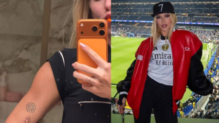 Virginia Fonseca mostra novas tatuagens no braço em montagem com foto em estádio.