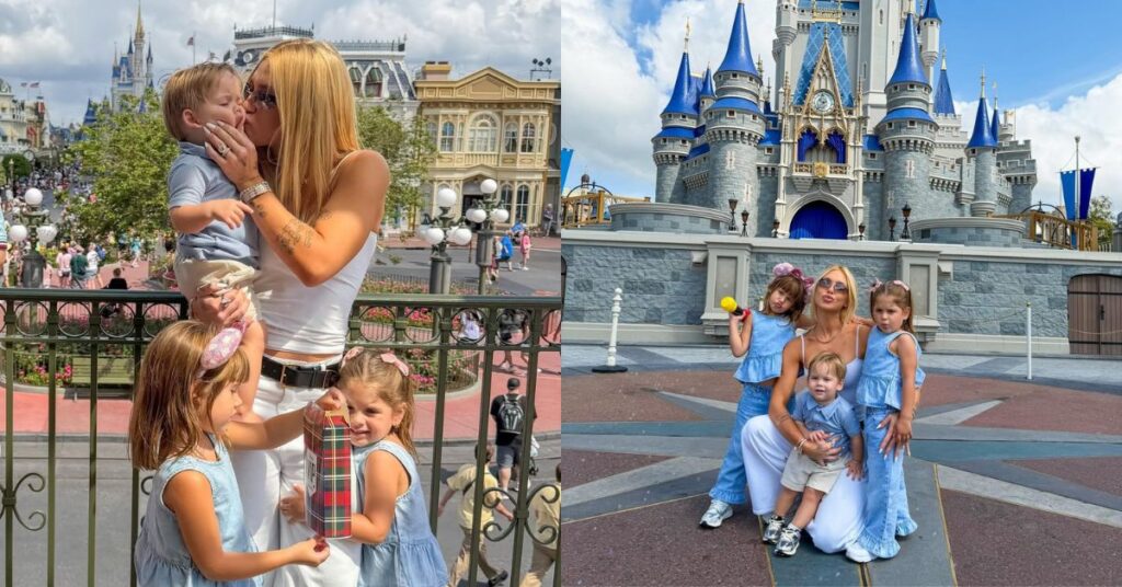 Virginia Fonseca vai à Disney com os três filhos: ‘amo viver com vocês’ Virginia Fonseca com os três filhos, Maria Alice, Maria Flor e José Leonardos em frente ao castelo da Disney; família posa e interage durante passeio no parque.