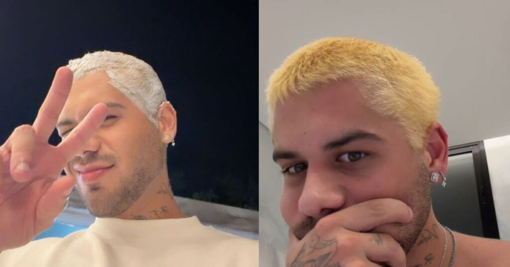 Zé Felipe descolore o cabelo e faz autocrítica após resultado: 'larguei mão' 1 Montagem com dois retratos de Zé Felipe, homem tatuado com cabelo loiro curto; em um faz sinal de paz e no outro cobre a boca com a mão..