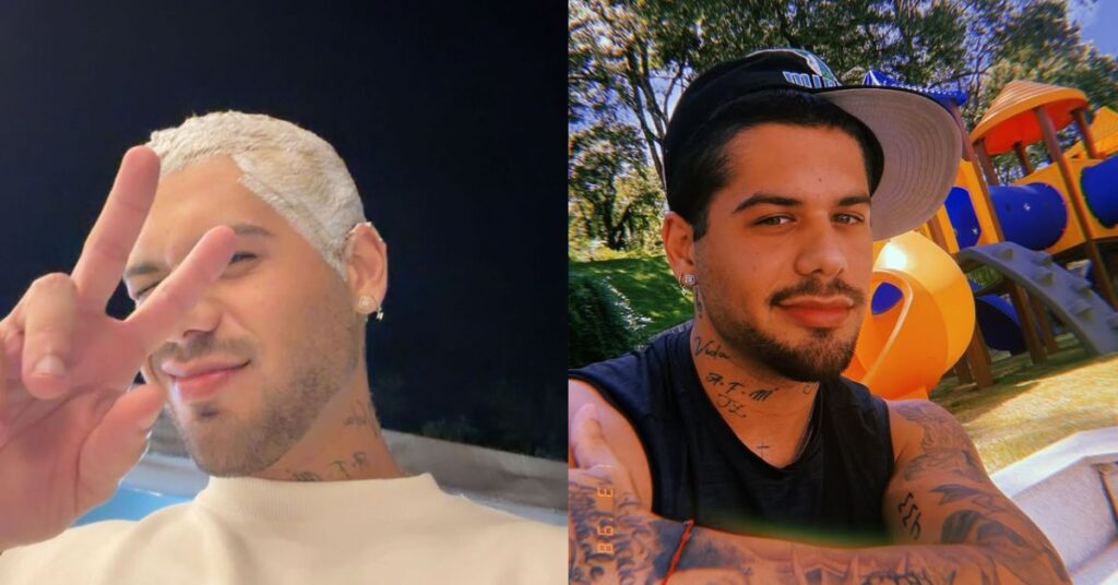 Zé Felipe descolore o cabelo e faz autocrítica após resultado: ‘larguei mão’ Montagem com dois retratos de Zé Felipe, homem adulto tatuado: em um faz sinal de paz com cabelo loiro; no outro aparece de boné em parque infantil.