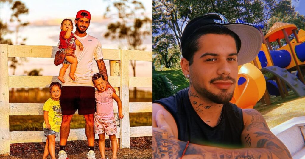 Zé Felipe cancela viagem ao exterior com os filhos: ‘não é o melhor momento’ Montagem com Zé Felipe, homem tatuado, ao lado de três crianças, seus filhos, em área rural e selfie em parque infantil.