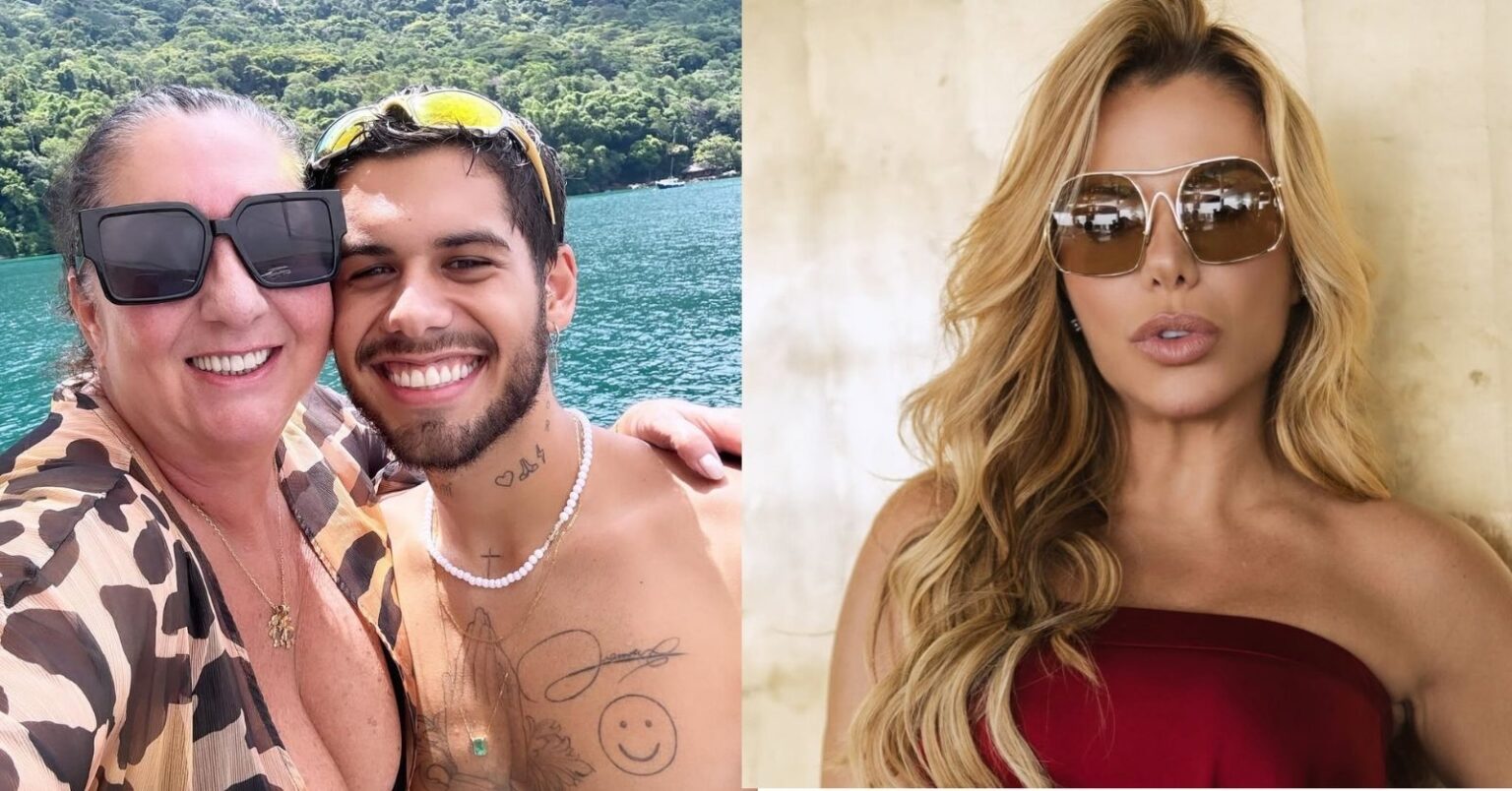 Zé Felipe envia flores para mãe de Virginia e comentário de Poliana repercute Zé Felipe posa sorridente ao lado de Margareth Serrão, mãe de Virginia Fonseca, enquanto Poliana Rocha aparece em imagem separada usando óculos escuros.